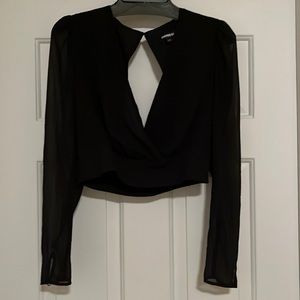 Express Black Sheer-Sleeve Crop Top
